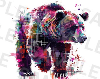 Bear Grunge Clipart, Colorful Bear PNG Sublimation Design, Printable Watercolor Clipart, Instant Download, Paper Craft, Scrapbook Images
