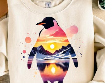 Pingvin-png, sublimeringsdesign, trendig png, sjösolnedgång-png, vinterlandskap-png, t-shirtdesign, strykdekal, digital nedladdning, DTF-png