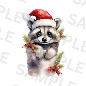 Raton laveur de Noël avec bonnet de Noel Clipart PNG Transparent, conception de dessin animé enfants/adultes, sublimation imprimable, commercial, clipart animaux
