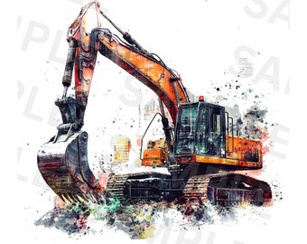 May include: A watercolor illustration of an orange excavator with a black bucket. The excavator is on a dirt background with a city skyline in the background.