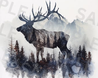 5 Elk Clipart Set, Elk Silhouette PNG, Printable Watercolor Clipart, High Quality PNGs, Instant Download, Elk Painting, Scrapbook Images
