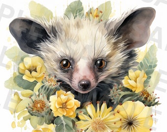 Conjunto de 5 imágenes prediseñadas florales de aye-aye, lémur de Madagascar PNG, imágenes prediseñadas de acuarela imprimibles, descarga instantánea, PNG de alta calidad, manualidades de papel