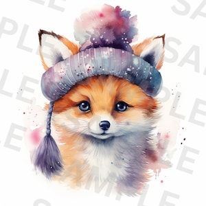 5 Fuchs im Wollhut Clipart, druckbare Aquarell Clipart, Winter Fuchs Baby, hochwertige PNGs, digitaler Download, Papierhandwerk, Scrapbooking