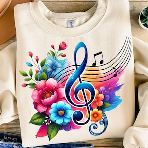 Nota musical colorida (Png), diseño de sublimación, clave de sol (Png), música (Png), flores de neón (Png), diseño de camiseta, descarga digital (Png), DTF (Png)