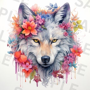 Ensemble de 5 cliparts loup avec fleurs, clipart aquarelle imprimable, 5 PNG de haute qualité, téléchargement numérique, travaux manuels en papier, scrapbooking, loup PNG