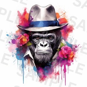Könnte beinhalten: Ein Schimpanse trägt einen grauen Fedora mit einem blauen Band und ein weißes Hemd mit Kragen. Der Schimpanse ist umgeben von bunten Aquarellspritzern und rosa Rosen.