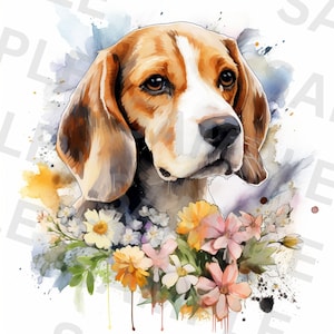 5 Beagle avec des fleurs des cliparts, clipart aquarelle imprimable, Beagle PNGs de haute qualité, téléchargement immédiat, maman Beagle PNG, peinture Beagle