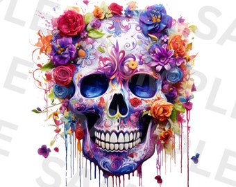 Puede incluir: Una calavera de azúcar colorida con flores y pintura goteando por los lados. La calavera está decorada con diseños y patrones intrincados.