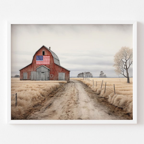 American Flag On Red Barn Print, Watercolor Print, Watercolor Barn, Farmhouse Decor, Watercolor, Country, Rustic Barn, Old Barn, Farm Print