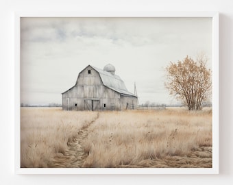 May include: A weathered gray barn with a silo stands in a field of tall, dry grass. A path leads towards the barn, and a lone tree with bare branches stands to the right. The sky is a muted gray with wispy clouds.