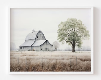 May include: A watercolor painting of a gray barn with a green roof in a field of tall grass. A large green tree stands to the right of the barn.