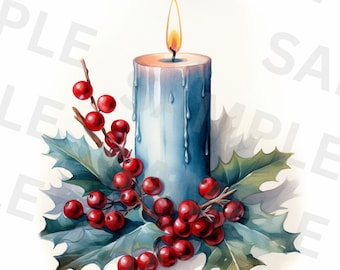 May include: A blue candle with a yellow flame is surrounded by holly leaves and red berries.