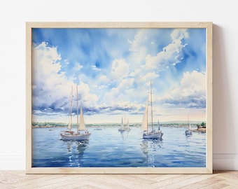 Lake Sailboat Printable Wall Art - Nautical Boat Painting, Coastal Cottage Decor, Lake House Wall Print, Digital Download