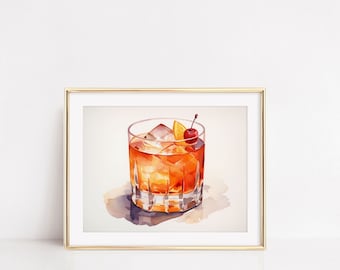 Old Fashioned Watercolor Print, Old Fashioned Artwork, Watercolor Drink Print Set, Watercolor Bart Cart Painting, Watercolor Old Fashion