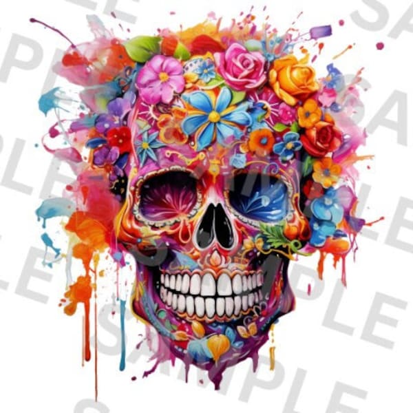 Colorful Sugar Skull With Flowers Clipart - Transparent PNG for Sublimation Printing | Mexican Sugar Skull PNG | Sugar Skull Clipart