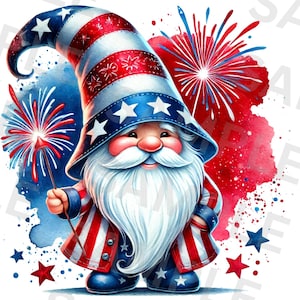 4th of July Gnome PNG – Patriotic Sublimation Design with Fireworks, Stars and Stripes for Independence Day Shirts, Mugs & Crafts