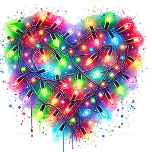 Néon de Noël PNG, coeur coloré Png, lumières de Noël Png, design par sublimation, travaux manuels de Noël, néon coeur Png, ornement Png, DTF Png