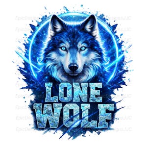 May include: A digital illustration of a wolf with blue fur and glowing blue eyes, set against a blue circular background. The words "LONE WOLF" are displayed in textured blue lettering below the wolf.