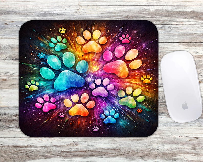 May include: A rectangular mousepad featuring a vibrant, colorful design of paw prints in a radial pattern. The paw prints are in shades of blue, green, yellow, orange, and pink against a dark background. A white computer mouse is on the right.