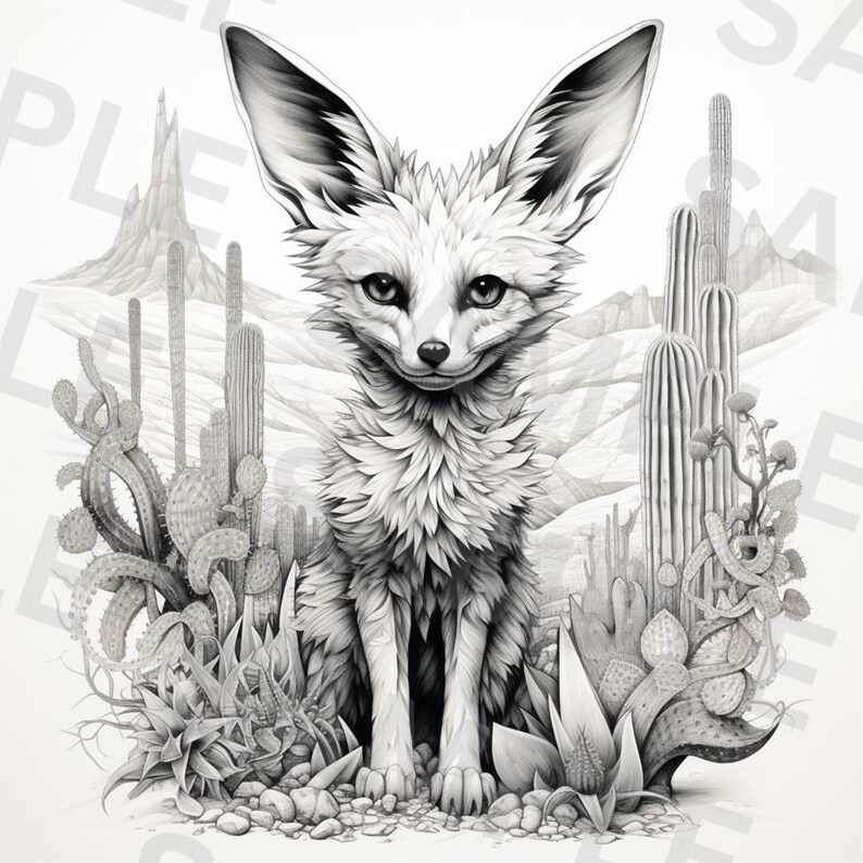 5 Tribal Fennec Fox Clipart, Black and White, Printable Watercolor
