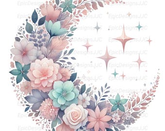 Luna floral PNG, diseño de sublimación, clipart de luna creciente, luna bohemia PNG, diseño floral celestial, arte de pared lunar, descarga instantánea