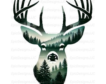 Hirsch Silhouette PNG, Sublimationsdesign, Buck Kopf Clipart, Wald Hirsch PNG, Jagd Shirt Design, rustikale Hüttenwandkunst