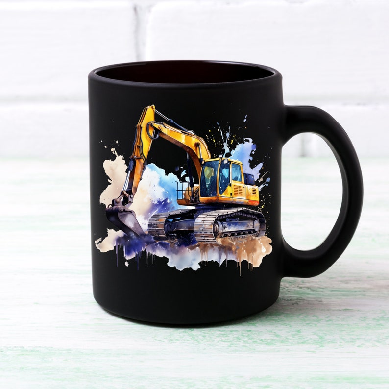 May include: Black ceramic mug with a watercolour illustration of a yellow and black excavator. The design includes blue, white, and brown paint splatters. The mug has a black handle and a dark interior.