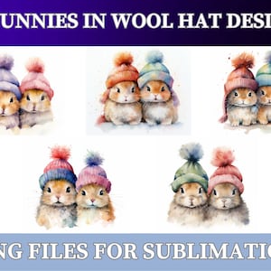 5 Hasen in Wollmütze Clipart, Winter Hasen, druckbare Aquarell Clipart, hochwertige PNGs, digitaler Download, Papier Handwerk, Scrapbooking