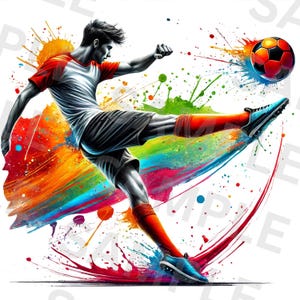May include: A soccer player in a white and red jersey kicks a soccer ball against a colorful background of paint splatters.