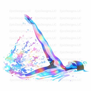 May include: A colorful illustration of a swimmer diving into water. The swimmer is depicted with a rainbow gradient effect, and water splashes are rendered in vibrant hues. The image has the text "EpicDesignsJJC" repeated across the top and sides.