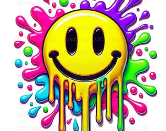 Melting Smiley Face Png, Sublimation Design, Drip Smiley Png, Sweatshirt Design, Colorful Neon Png, T-Shirt Design, Digital Download, DTF