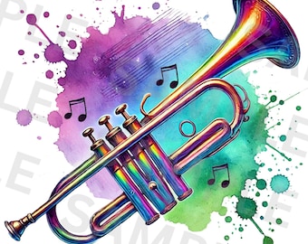 Colorful Iridescent Trumpet Png, Sublimation Design, Instrument Png, Music Png, T-Shirt Design, Digital Download Png, Music Notes Clipart