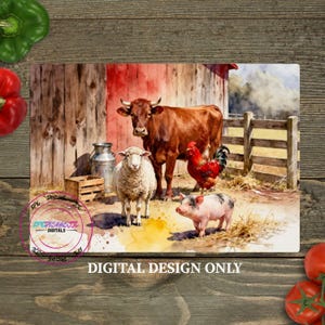 May include: A watercolor illustration of farm animals including a cow, sheep, pig, and rooster in front of a red barn. The words "DIGITAL DESIGN ONLY" are printed at the bottom of the image.