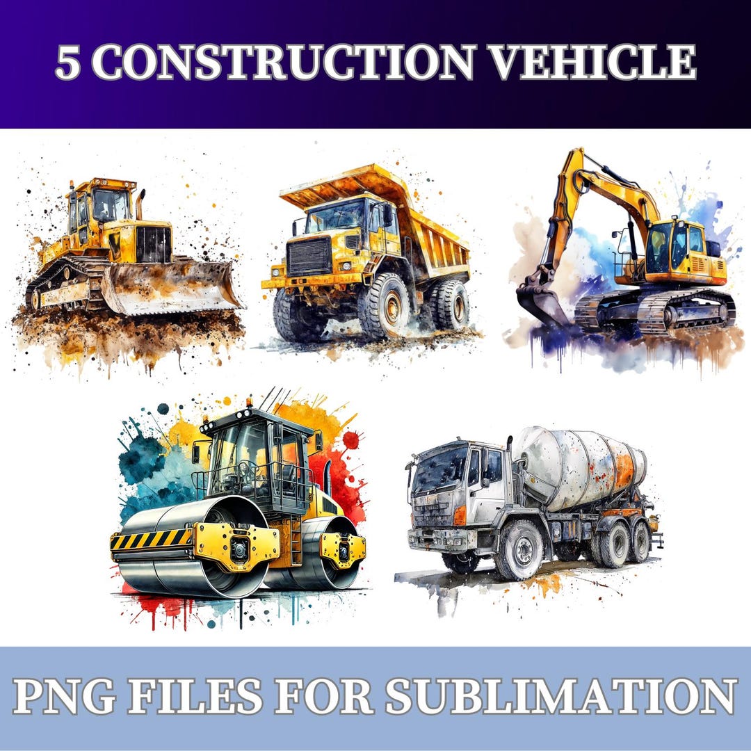 Construction Truck PNG Bundle – 5 Watercolor Vehicles for Boys Birthday ...