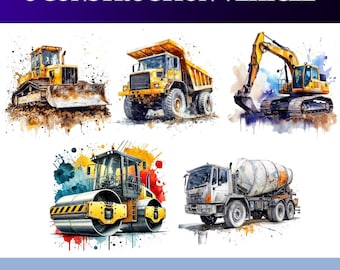Construction Truck PNG Bundle – 5 Watercolor Vehicles for Boys Birthday Shirts, Little Builder Party Decor, Sublimation Clipart
