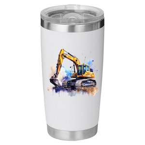 May include: White stainless steel travel mug with a watercolour illustration of a yellow excavator. The excavator has a black bucket and track treads. The design includes blue, brown, and yellow paint splashes.