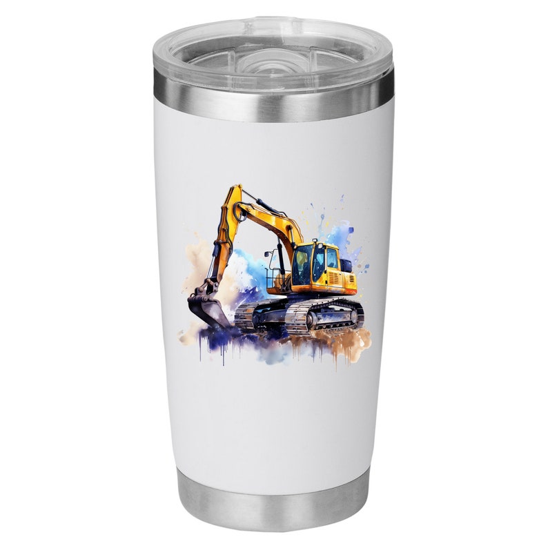 May include: White stainless steel travel mug with a watercolour illustration of a yellow excavator. The excavator has a black bucket and track treads. The design includes blue, brown, and yellow paint splashes.