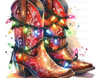 Rustikale Cowboy-Stiefel mit Weihnachtslichtern PNG - Western Holiday Sublimations Clipart für Country Christmas Shirts & Crafts