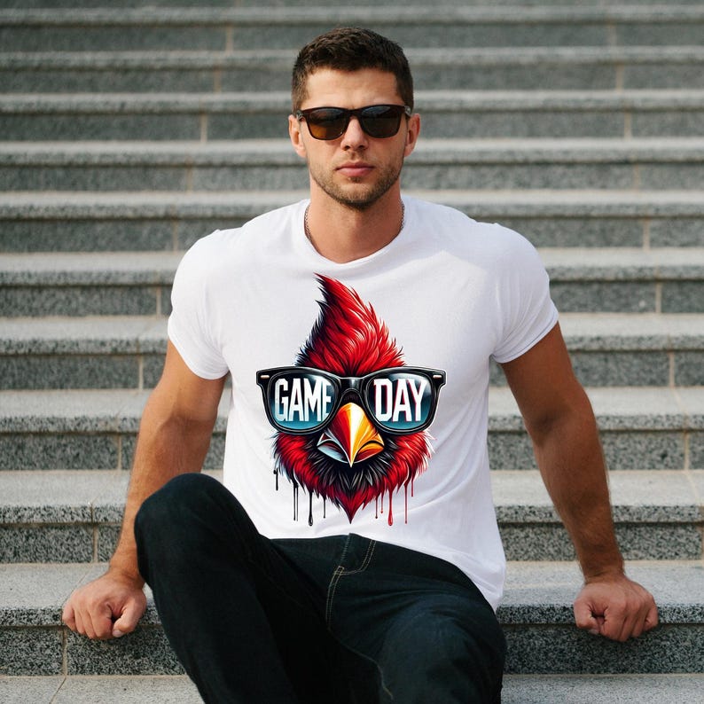 May include: White t-shirt featuring a red cardinal wearing sunglasses with the text "GAME DAY".