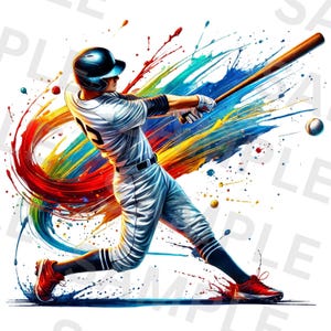 May include: A baseball player in a white uniform swings a bat against a colorful background of red, orange, yellow, green, blue, and purple paint splatters.