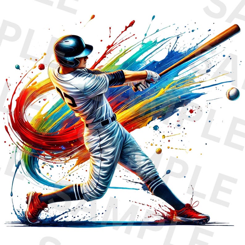 May include: A baseball player in a white uniform swings a bat against a colorful background of red, orange, yellow, green, blue, and purple paint splatters.