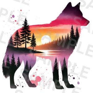 Wolf Silhouette Png, Sublimation Design, Lake Sunset Png, Wolf Shirt Design, T-Shirt Design, Png Designs, Digital Download, DTF Png