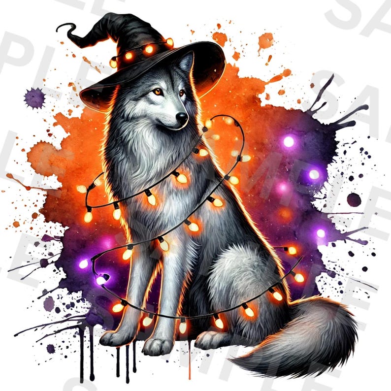 Halloween Wolf PNG, Witch Hat Wolf Clipart With Lights, Mystical Forest ...