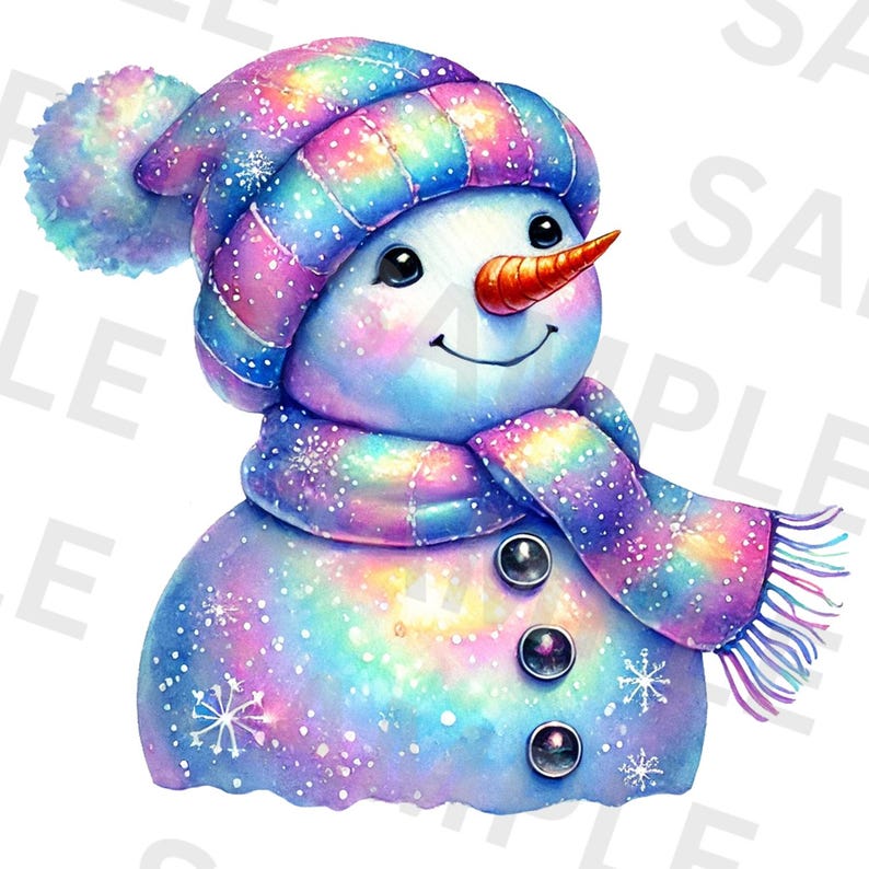 May include: A whimsical snowman wearing a rainbow-coloured hat and scarf. The snowman has a bright orange carrot nose and black eyes. The snowman is covered in sparkling glitter.