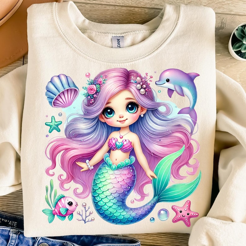 May include: Cream-colored sweatshirt featuring a colorful mermaid illustration. The mermaid has pink and purple hair, a teal tail, and a pink seashell bra. A dolphin, starfish, and other sea elements surround the mermaid. The sweatshirt has a crew neck.