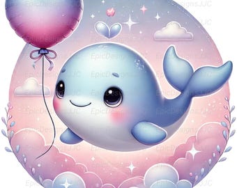 Cute Baby Whale PNG, Sublimation Design, Smiling Whale Balloon Clipart, Pastel Ocean Animal Design for Kids Shirts, Nursery Gifts