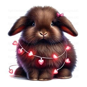 Op de afbeelding: Een digitale illustratie van een bruin konijn met lange oren en een roze strik. Het konijn is versierd met een slinger van gloeiende roze hartvormige lichtjes. De afbeelding heeft een zachte, aquarelachtige textuur, perfect voor Valentijnsdag of Pasen.