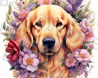 5 Golden Retriever Clipart, Floral Dog PNG, Printable Watercolor Dog Clipart, High Quality PNGs, Digital download, Paper craft, Scrapbook