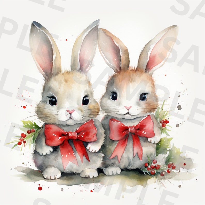 5 Christmas Bunnies Clipart, Winter Bunny, Printable Watercolor Clipart ...