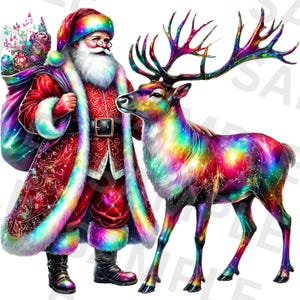 Colorful Iridescent Santa and Reindeer Png, Sublimation Design, Santa Reindeer Clipart, T-Shirt Design, Digital Download, Santa Claus, DTF